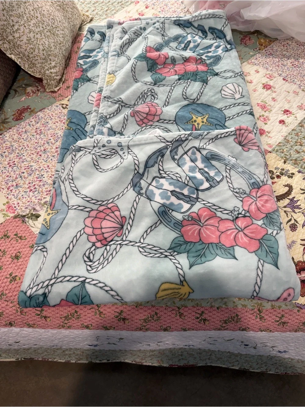 Plush Nautical Floral Throw Blanket - Light Blue and Pink